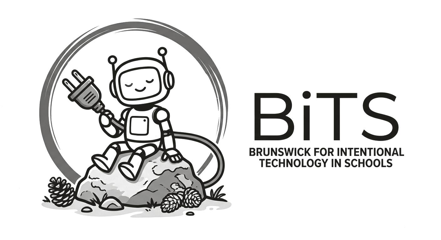 A small robot sits on a mossy rock beside pinecones, eyes closed, holding its unplugged cord, inside a brushed ink circle.